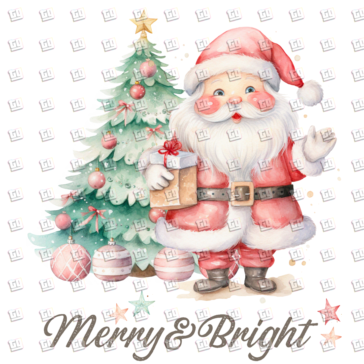 Merry & Bright Santa Clause, Christmas Tree - Holidays - DTF Transfer