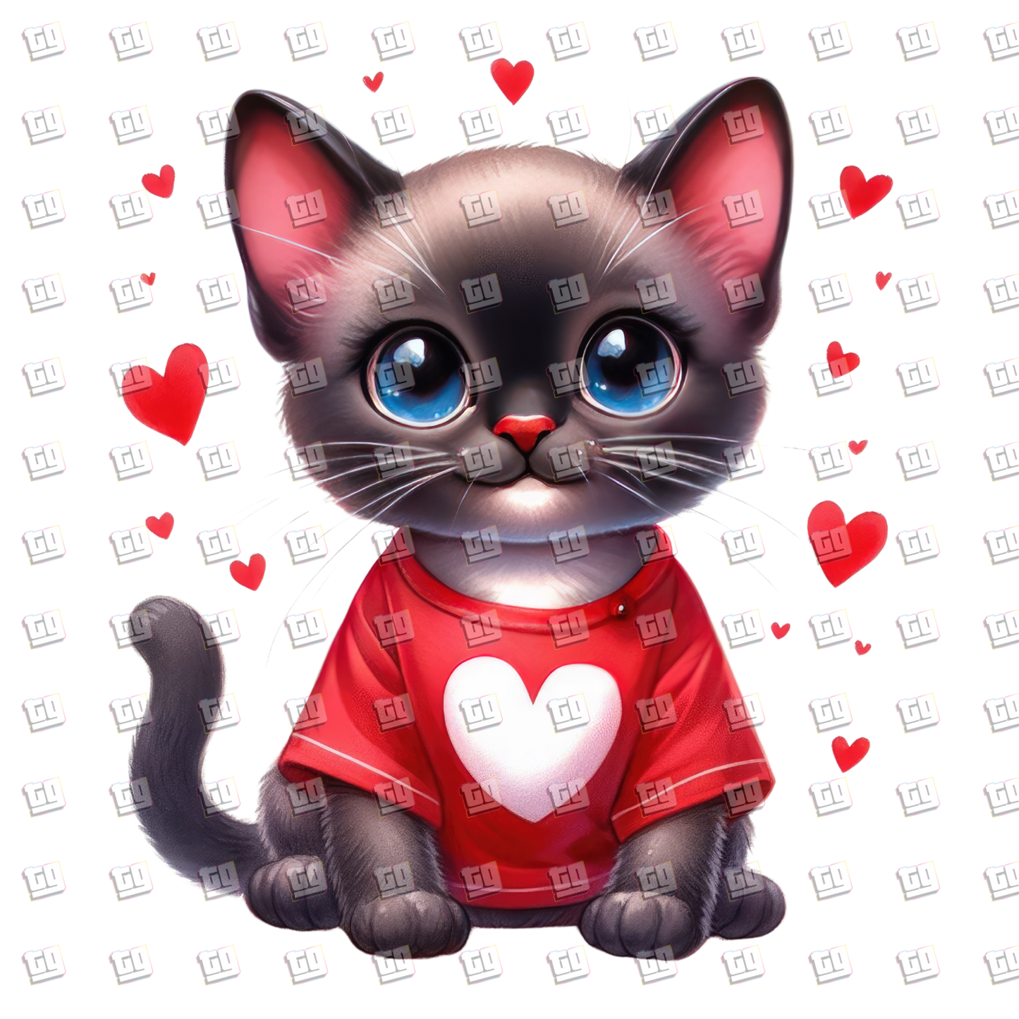 Kitten with Red Heart Shirts and Floating Hearts - Valentines - DTF Transfer