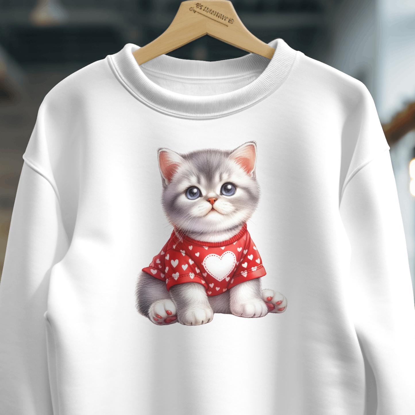 Short Haired Gray Cat With Heart Sweater- Valentines - DTF Transfer